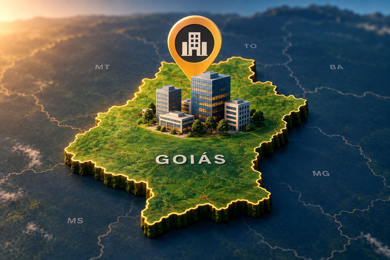 Ilustração do mapa de Goiás com prédios comerciais, representando a abertura de empresas no Estado
