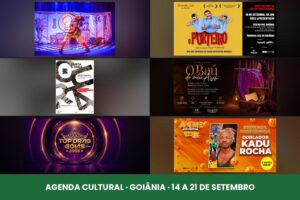 Mosaico com as pecas de divulgacao dos seis eventos da agenda cultural de Goiania entre 14 e 21 de setembro de 2026.