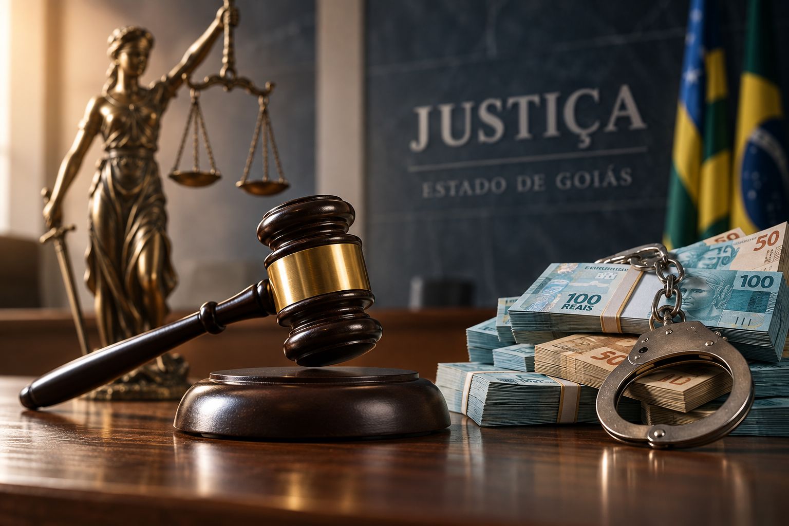 Ilustração com martelo, estátua da Justiça, cédulas e algemas, representando condenação por desvio de recursos públicos