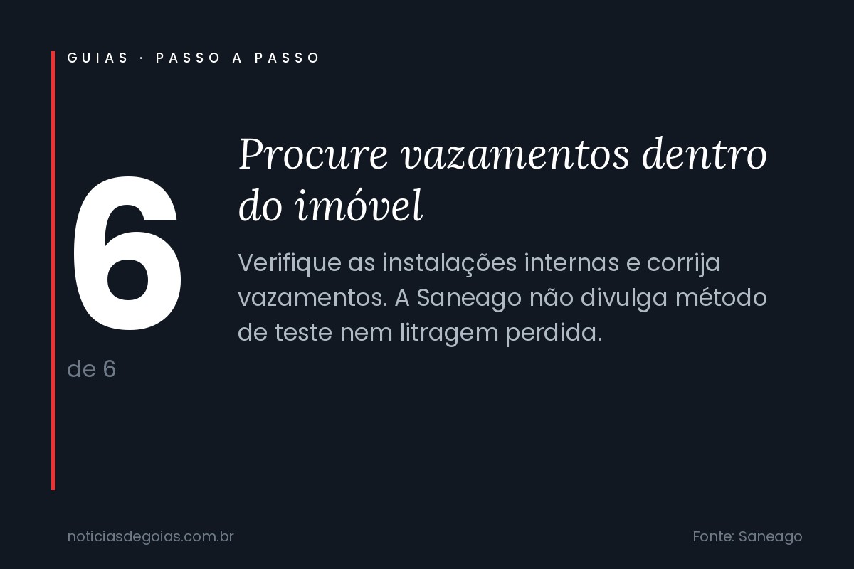 Arte com o passo 6 do guia: verificar as instala&ccedil;&otilde;es internas do im&oacute;vel e corrigir vazamentos