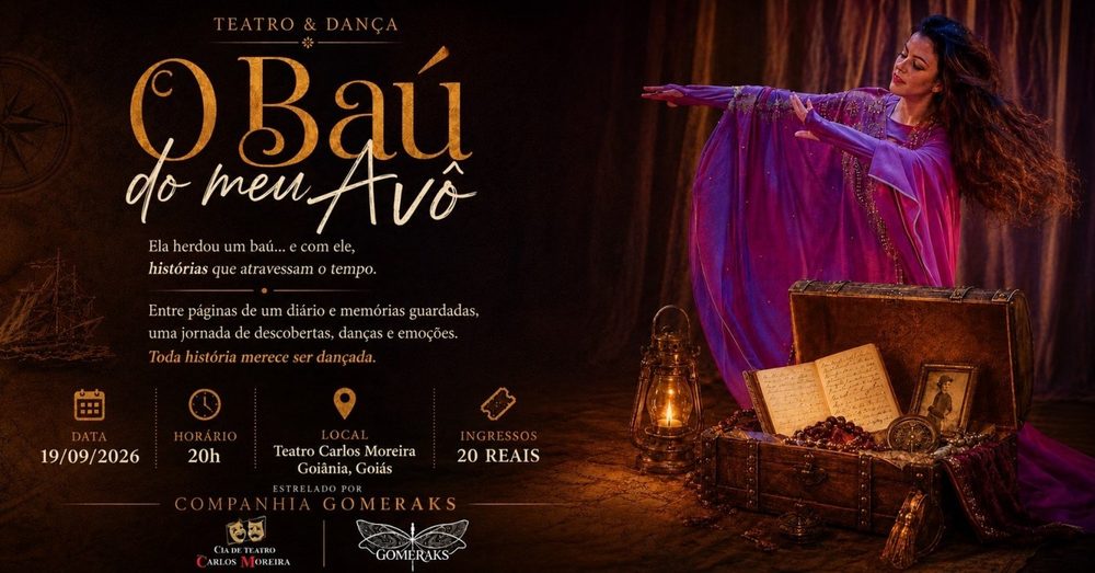 Peca de divulgacao do espetaculo de danca O Bau do Meu Avo, no Teatro Carlos Moreira.