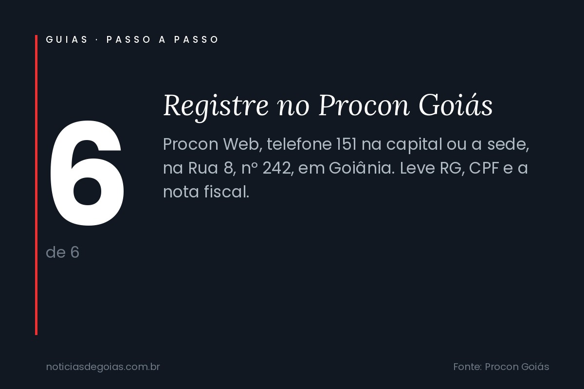 Passo 6: Registre no Procon Goiás. Arte do guia sobre troca de produto com defeito