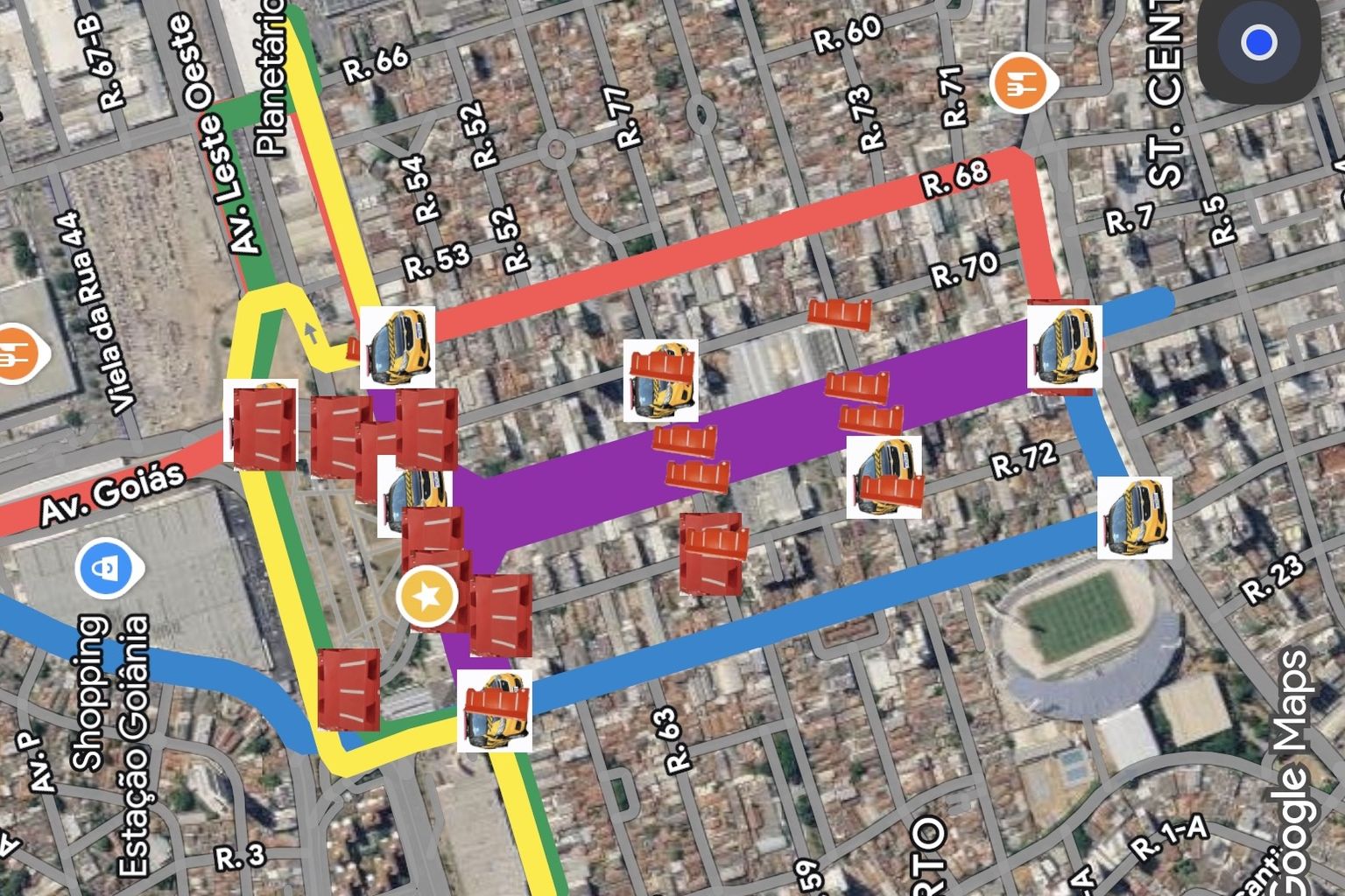 Mapa do Centro de Goiânia com os pontos de bloqueio total, os desvios sinalizados e os pontos de controle viário