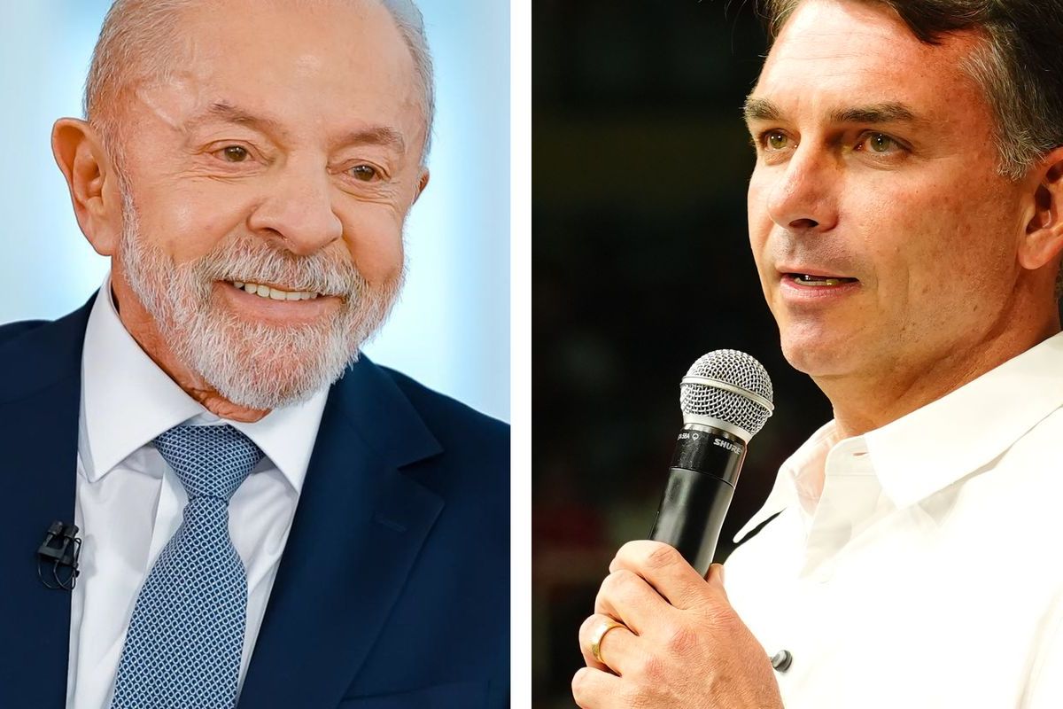 Os candidatos à Presidência da República Lula e Flávio Bolsonaro, lado a lado