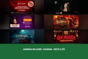 Mosaico com as peças de divulgação dos eventos de lazer em Goiânia entre 26 de outubro e 1º de novembro de 2026