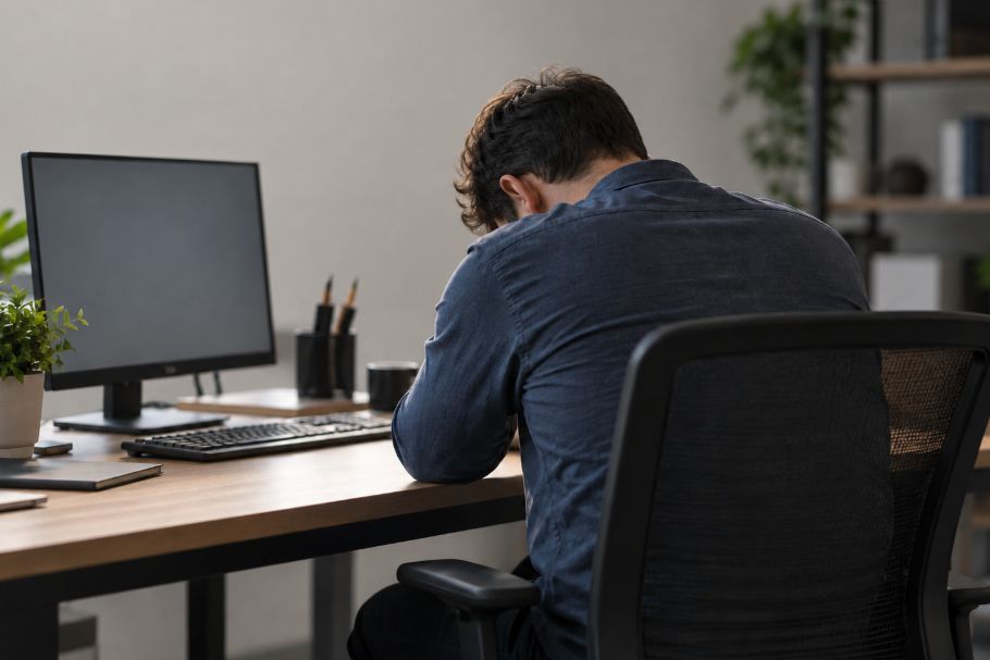 Trabalhador de cabeça baixa sobre a mesa em ambiente de escritório