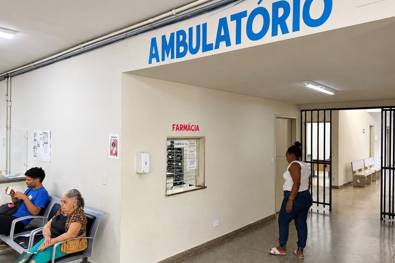 Corredor de unidade de saúde com placas indicando ambulatório e farmácia