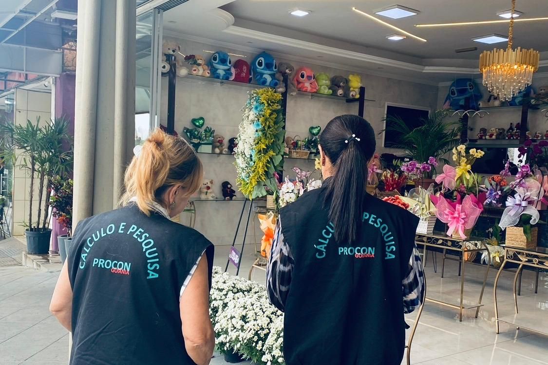 Equipe do Procon Goiânia observa vasos de flores em loja da capital