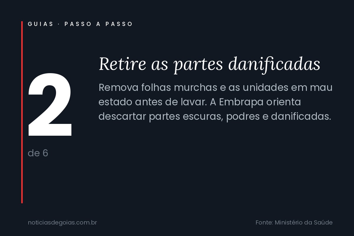 Arte do passo 2 da higienização de frutas e verduras: retire as partes danificadas