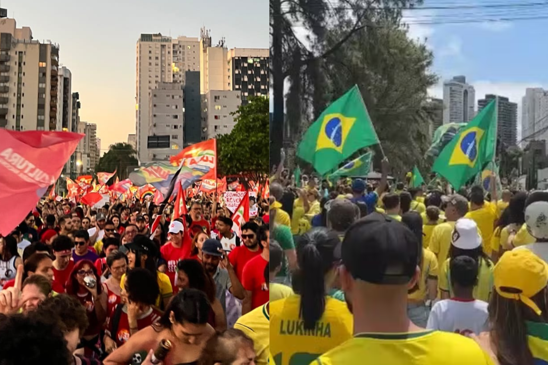 Montagem com duas fotos lado a lado: à esquerda, multidão com bandeiras vermelhas no ato pró-Lula; à direita, multidão de verde e amarelo com bandeiras do Brasil no ato pró-Flávio Bolsonaro