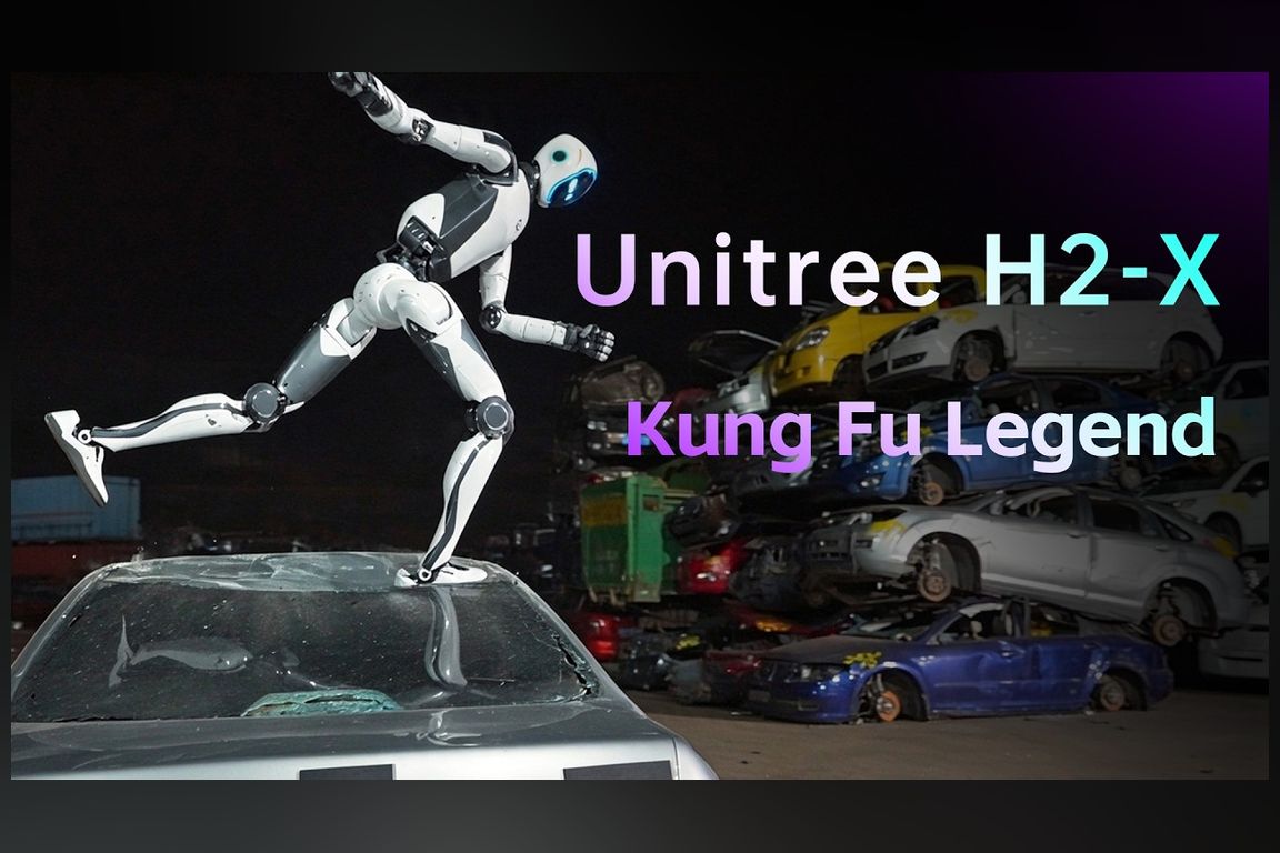 Robô humanoide branco e preto salta sobre o teto de um carro em ferro-velho, com o título Unitree H2-X Kung Fu Legend