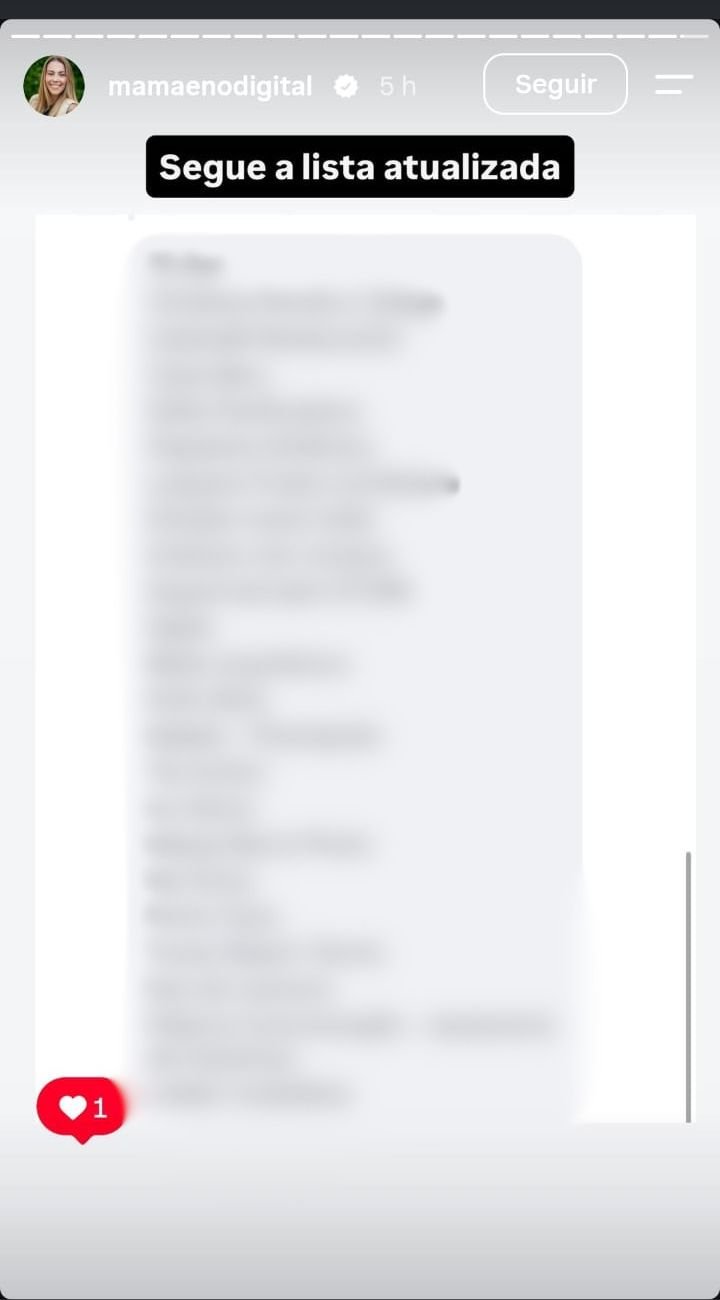 Captura de tela de story no Instagram com a legenda Segue a lista atualizada sobre uma relação de nomes desfocada