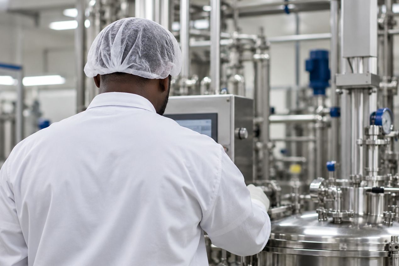 Trabalhador opera máquina em linha de produção de indústria farmacêutica